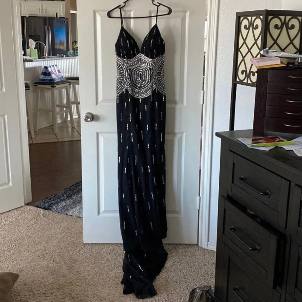 Jazy Couture Black Silk Formal Dress